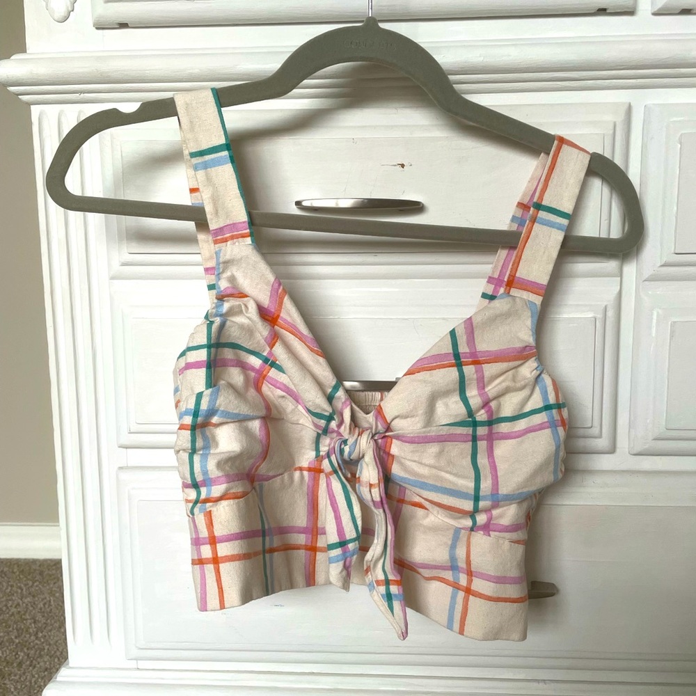 Revolve Wayf Plaid Tie Crop Top, Size Small